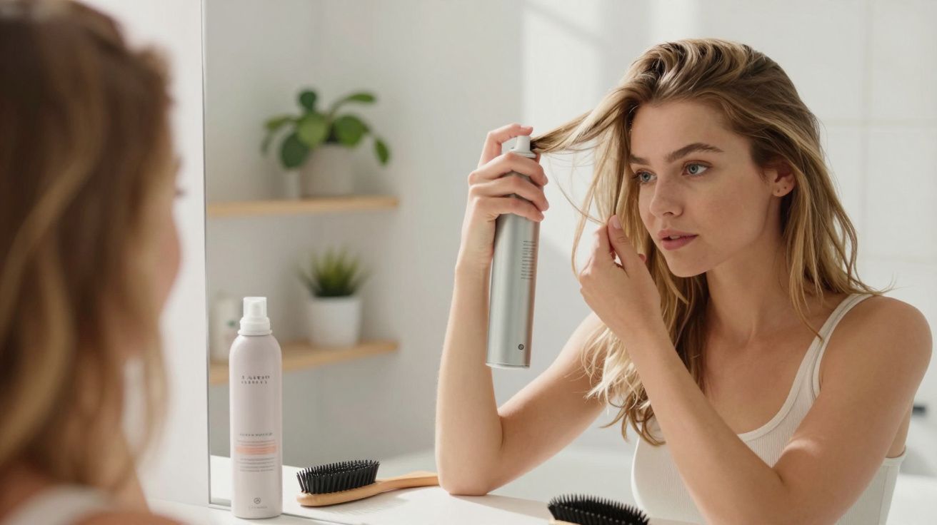 Kobieta nakłada lakier do włosów stojąc przed lustrem w jasnej łazience.