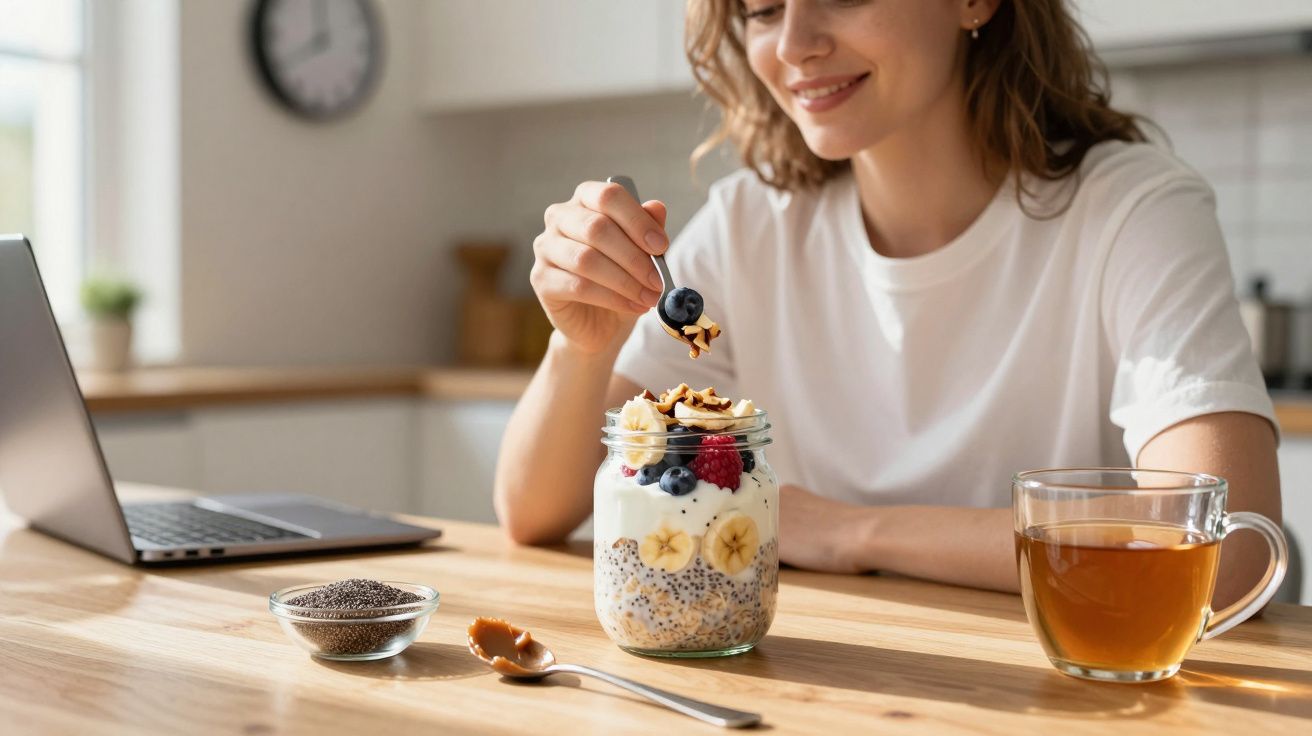 Kobieta jedząca zdrowe śniadanie z jogurtem, owocami i orzechami przy stole z laptopem i herbatą.