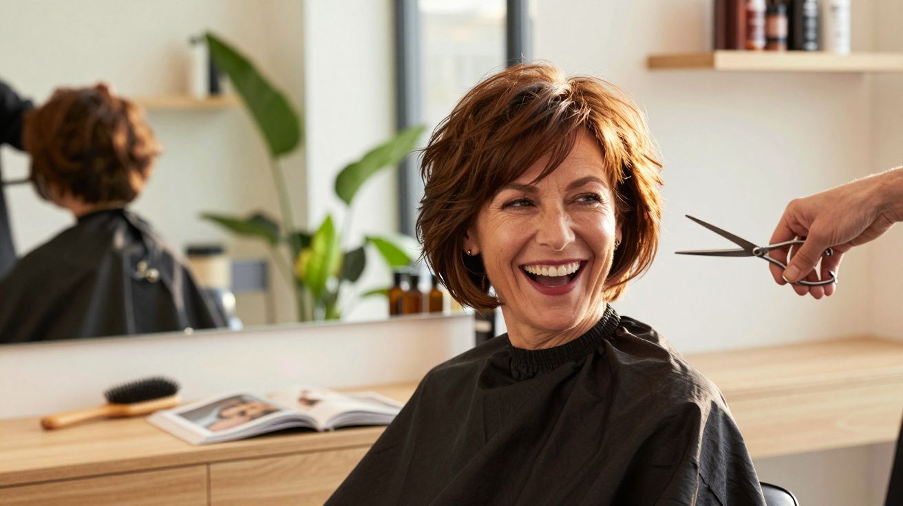 Uśmiechnięta kobieta siedzi w salonie fryzjerskim, przygotowująca się do strzyżenia włosów.