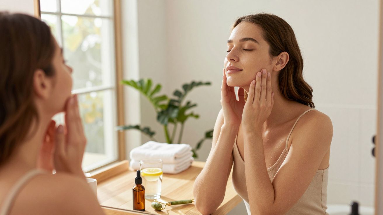 Kobieta nakłada krem na twarz siedząc przed lustrem w jasnej łazience z rośliną w tle.