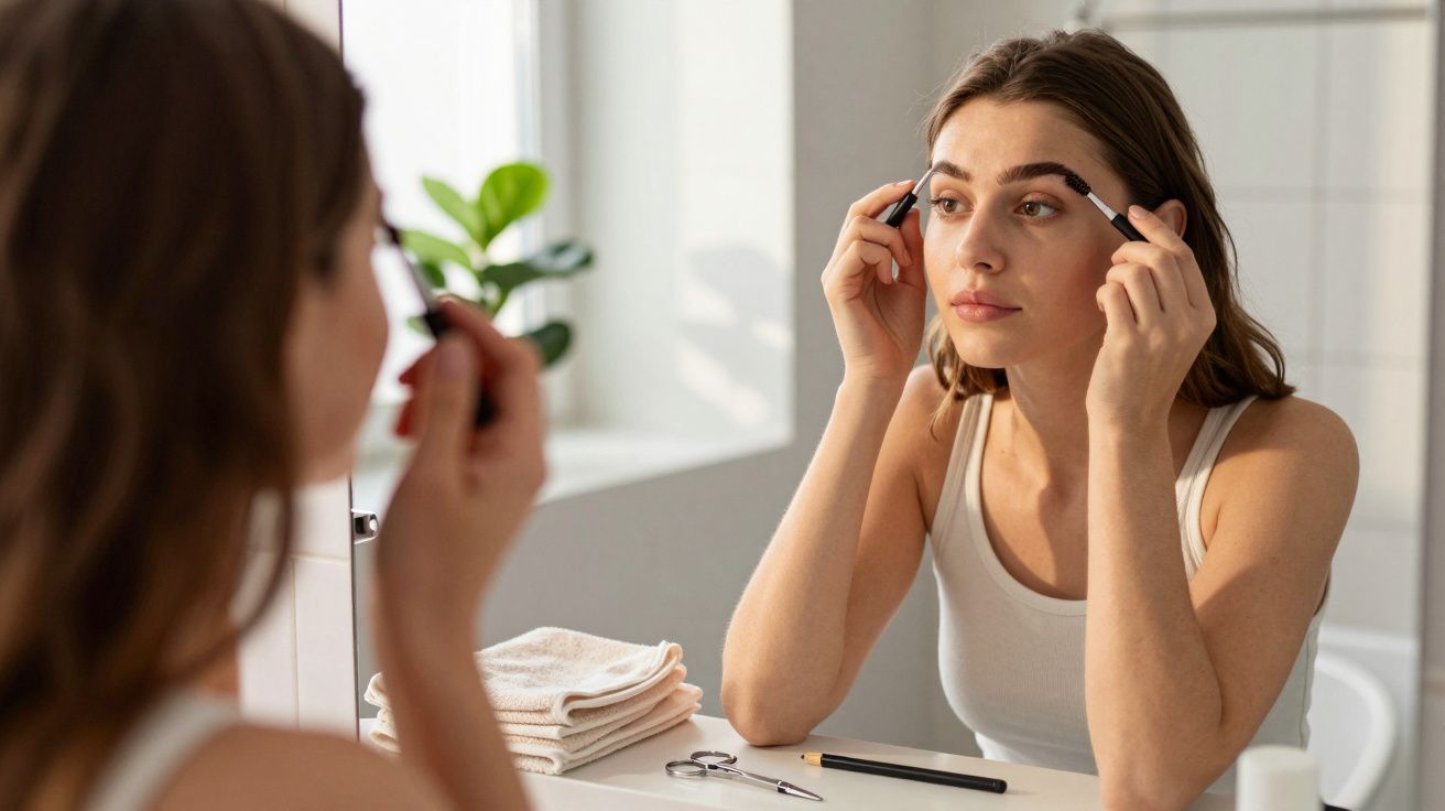 Kobieta poprawiająca brwi przed lustrem w jasnej łazience, na blacie kosmetyki i ręczniki.