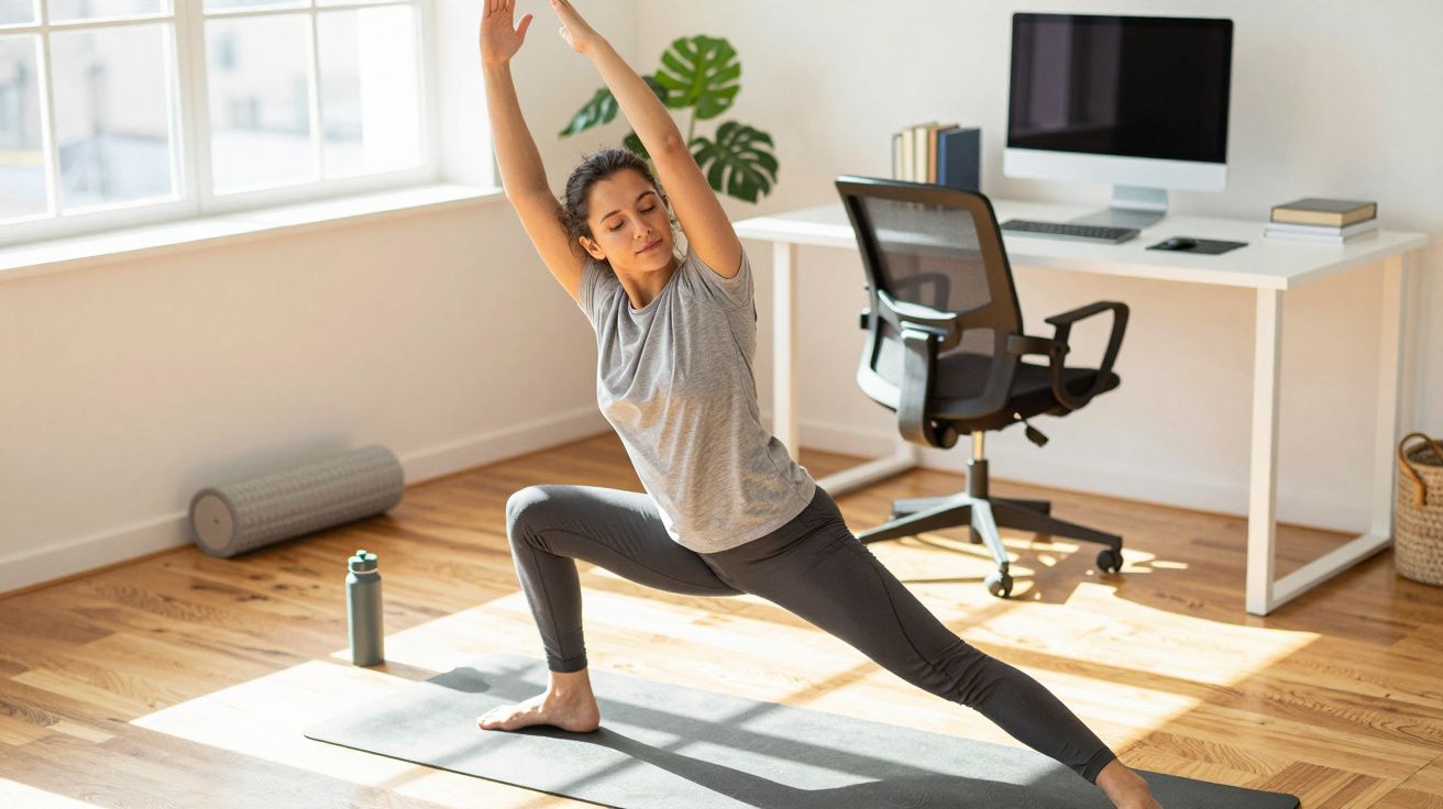 Kobieta ćwiczy jogę na macie w jasnym pokoju z biurkiem i komputerem w tle.
