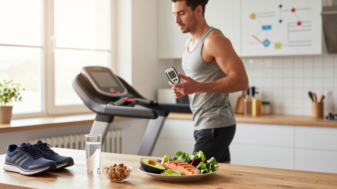 Mężczyzna mierzy tętno podczas ćwiczeń na bieżni w kuchni z zdrowym jedzeniem na stole.