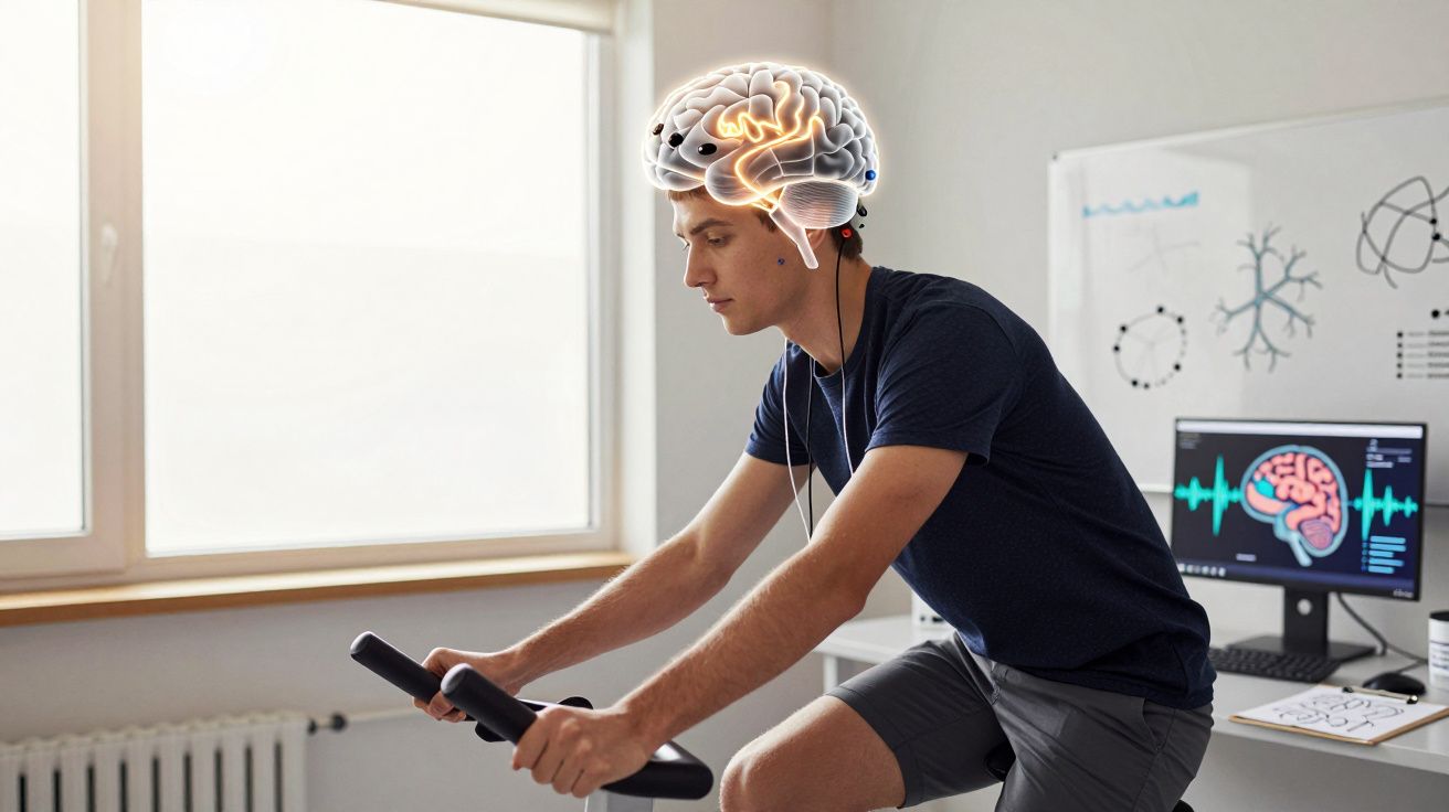 Mężczyzna ćwiczący na rowerze stacjonarnym, z nałożoną grafiką mózgu i podłączonymi elektrodami.