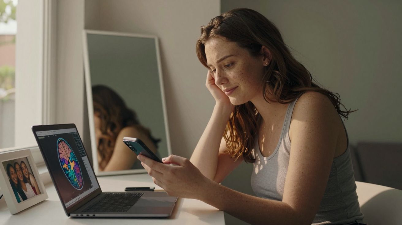 Młoda kobieta siedzi przy biurku, patrzy na telefon, obok laptop z obrazem mózgu na ekranie.