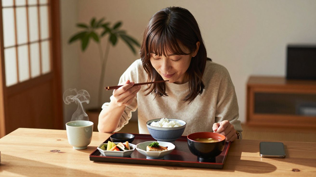 Kobieta jedząca tradycyjny japoński posiłek przy stole, używając pałeczek.