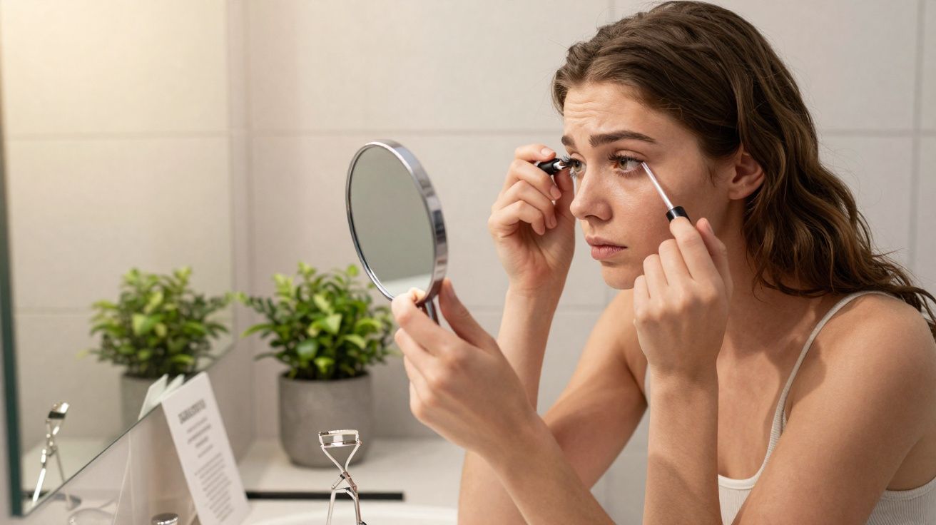 Młoda kobieta maluje rzęsy przed lustrem w łazience, trzymając małe lusterko w dłoni.