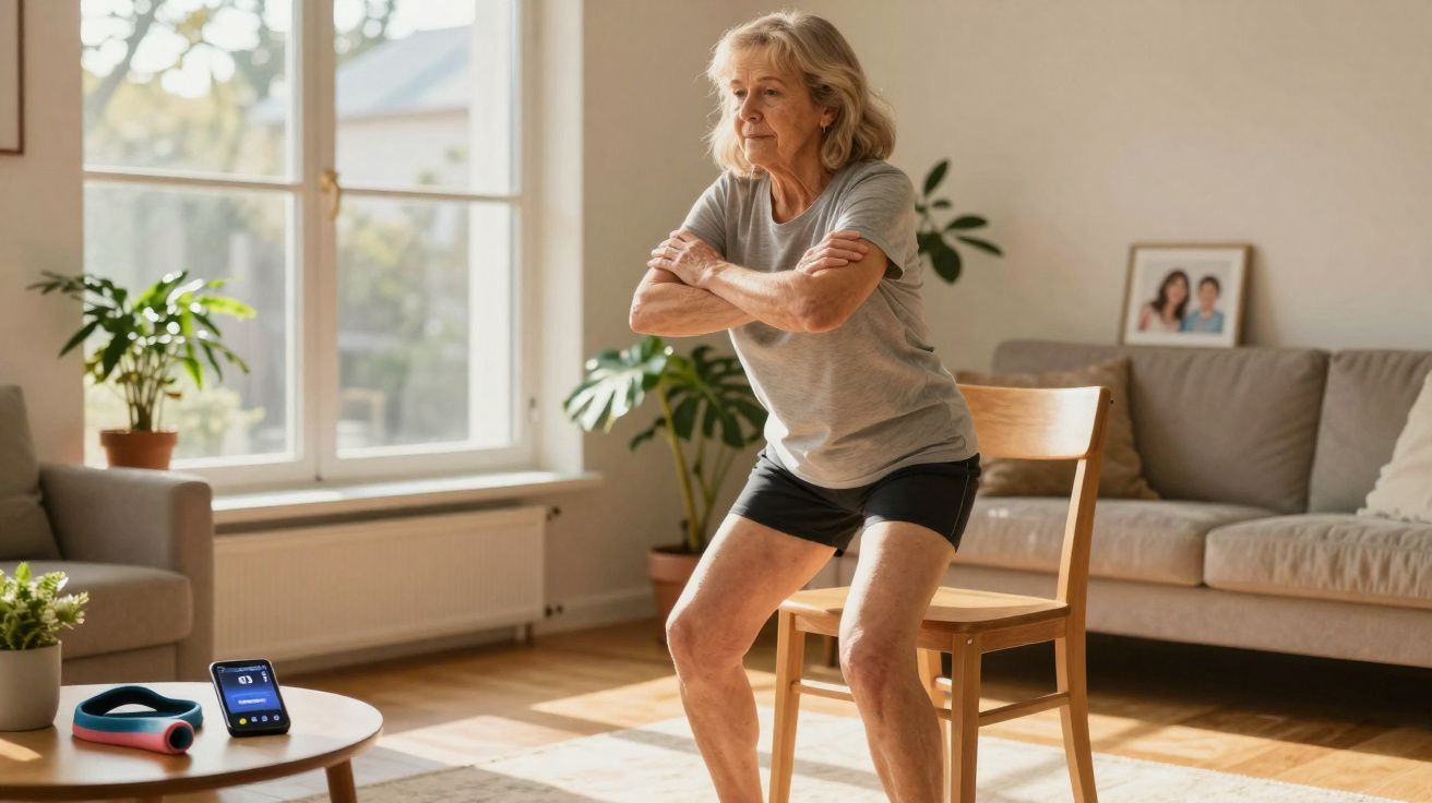 Starsza kobieta ćwiczy przysiady w salonie, wspierając się o drewniane krzesło.
