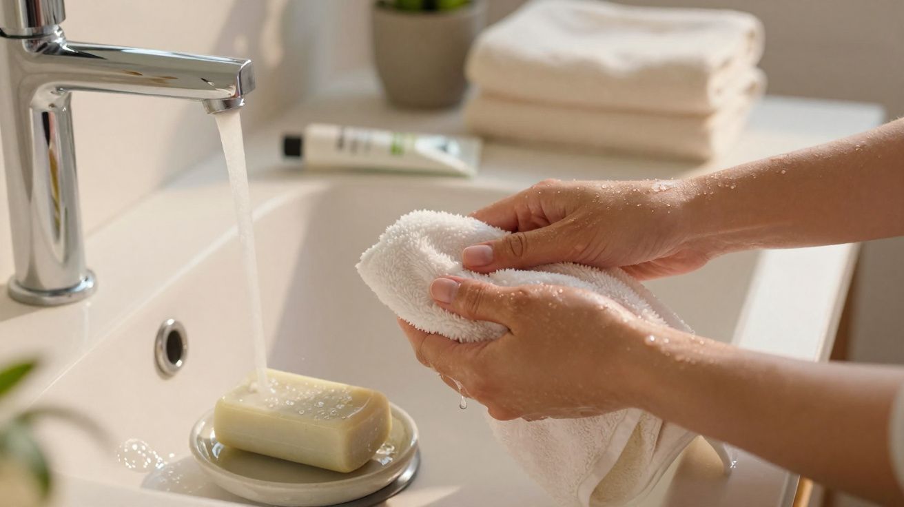 Osoba myje ręce pod bieżącą wodą w łazience, wyciera je białym ręcznikiem.