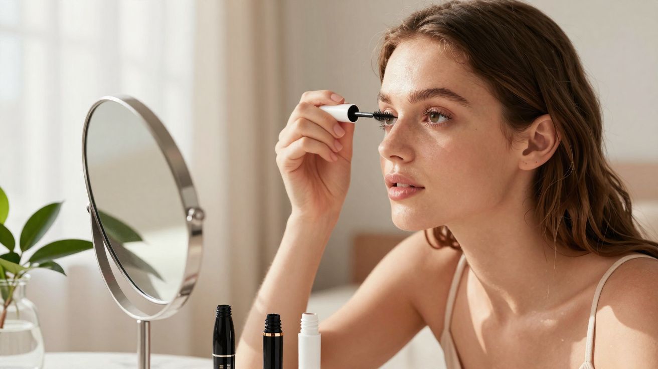 Młoda kobieta nakłada tusz do rzęs przed lustrem w jasnym, domowym wnętrzu.