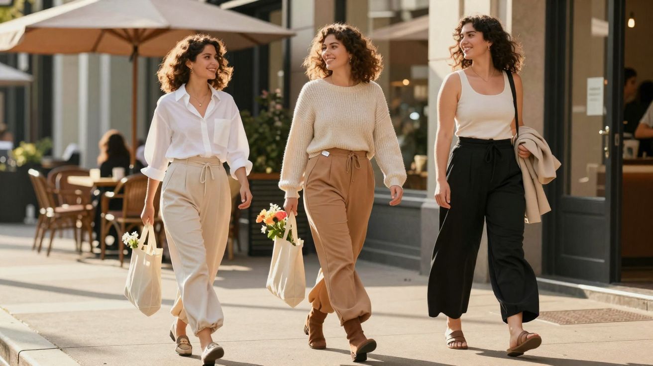 Trzy uśmiechnięte kobiety w modnych ubraniach spacerują po mieście, niosąc torby z kwiatami.
