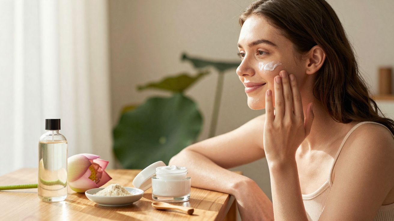 Młoda kobieta nakłada krem na twarz przy drewnianym stole z kosmetykami i kwiatem.