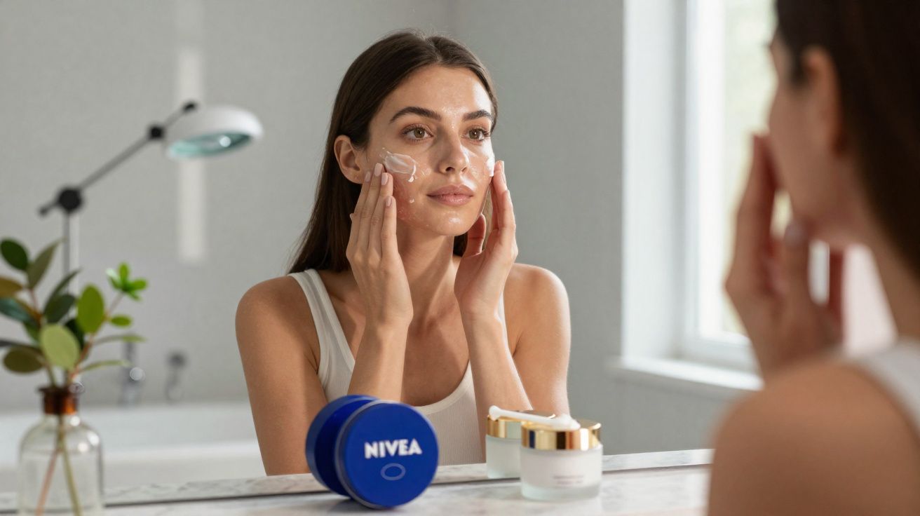 Kobieta nakładająca krem na twarz przed lustrem w łazience, na blacie słoiki z kremami marki Nivea.