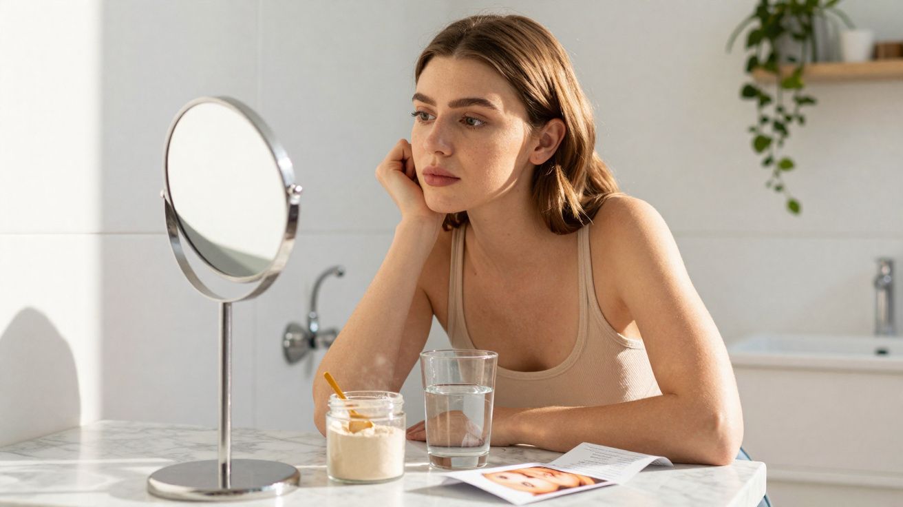 Kobieta siedzi przy stole, patrząc w lustro z kremem na twarzy, obok szklanka wody i ulotka.