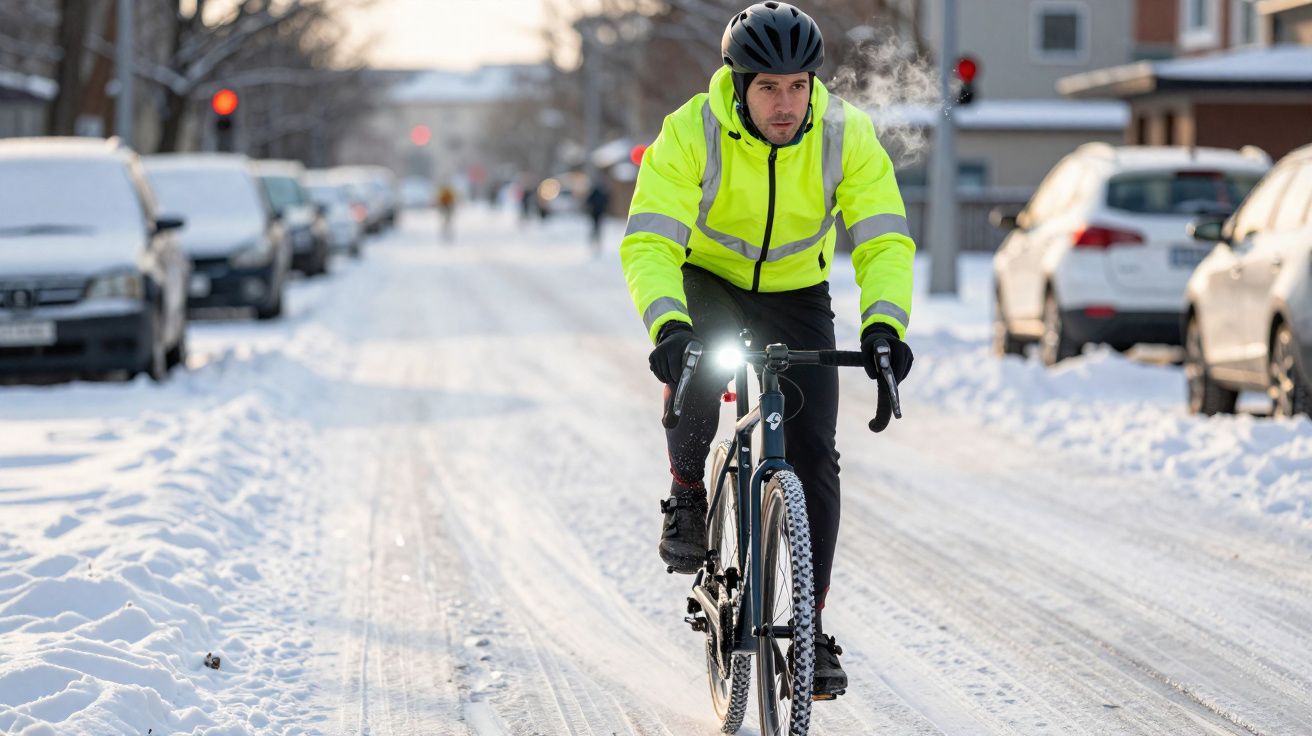 Mężczyzna w żółtej kurtce i kasku jedzie rowerem po zaśnieżonej ulicy zimą.