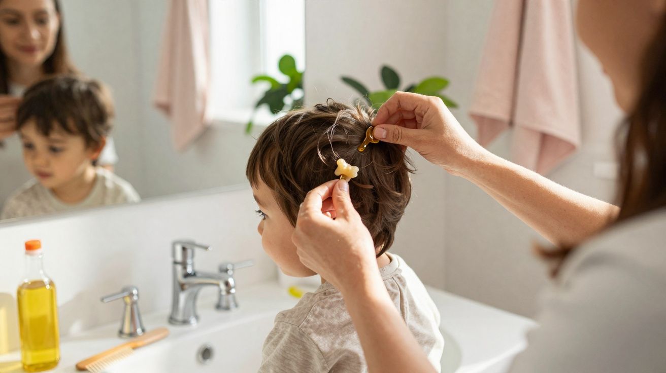 Matka przyczepia spinkę do włosów małego chłopca w łazience przed lustrem.
