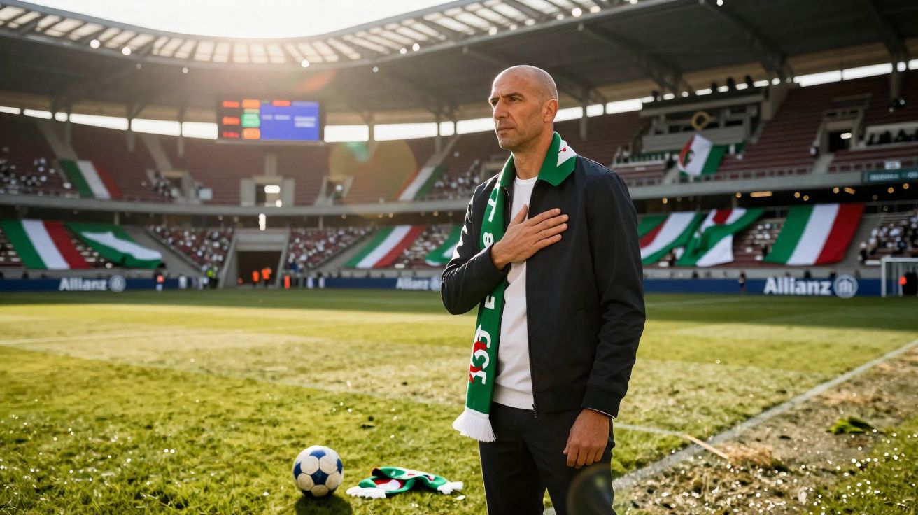Mężczyzna w szaliku stoi na boisku stadionu, trzymając rękę na sercu podczas wydarzenia sportowego.