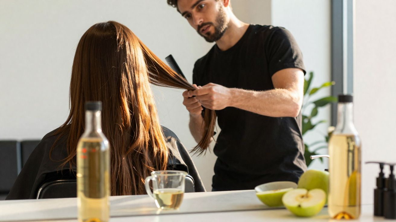 Fryzjer przycinający długie włosy kobiety w salonie z butelkami i jabłkami na blacie.