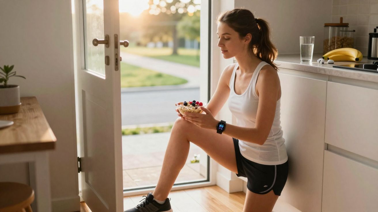 Kobieta w sportowym stroju je owsiankę z owocami, siedząc na podłodze przy otwartych drzwiach.