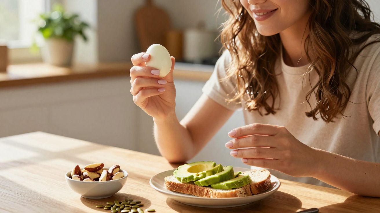 Kobieta jedząca jajko na twardo z kanapką z awokado i orzechami na drewnianym stole w kuchni.