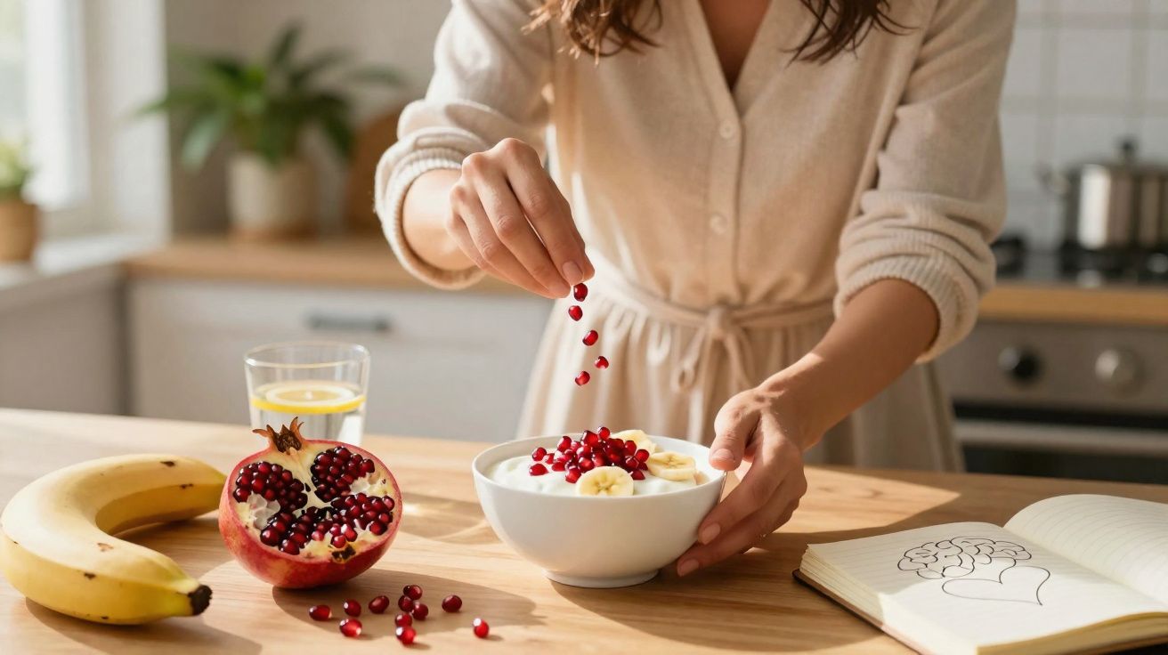 Kobieta posypuje jogurt pestkami granatu, obok banan, szklanka wody i szkicownik na stole w kuchni.