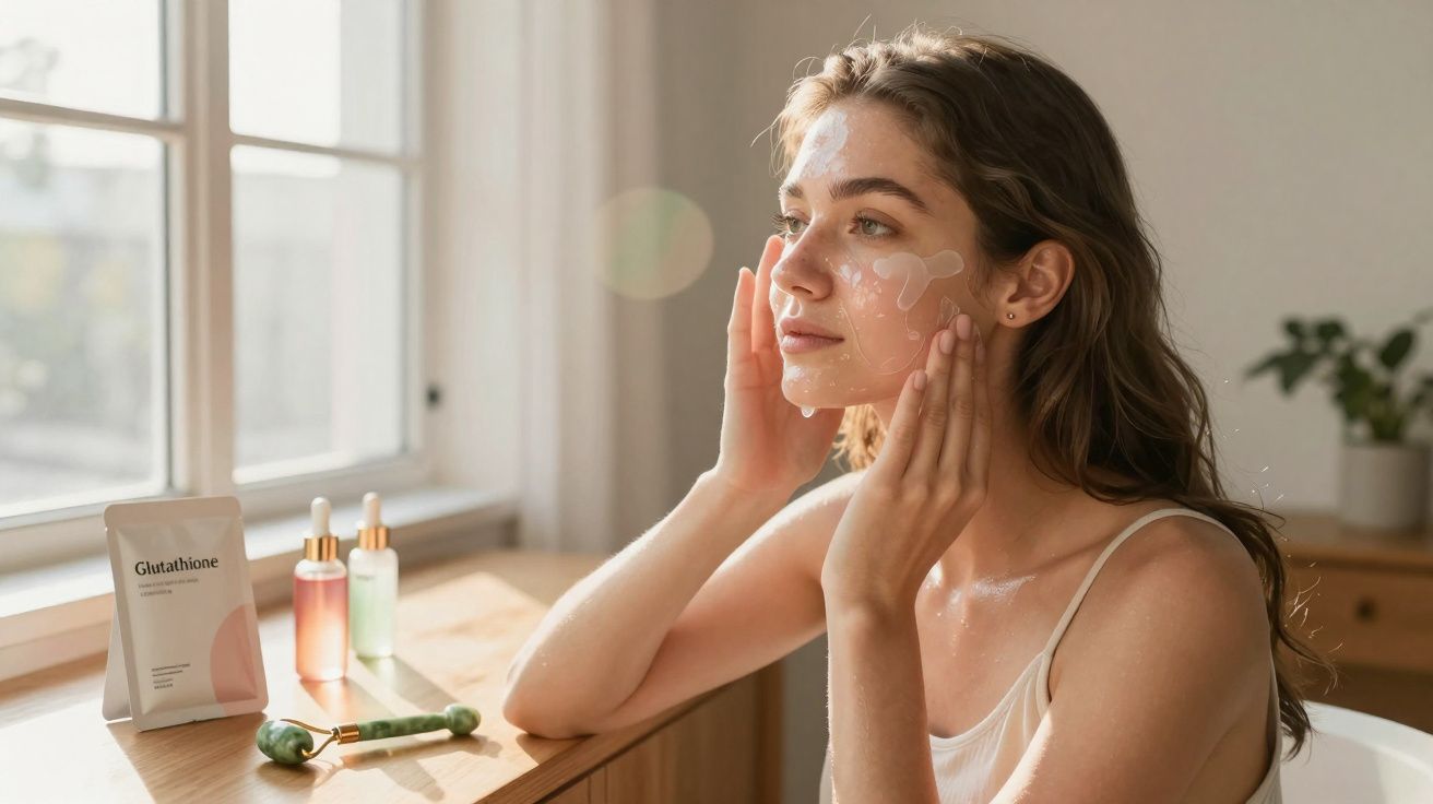 Młoda kobieta nakłada krem na twarz przy oknie z produktami do pielęgnacji skóry na stole.