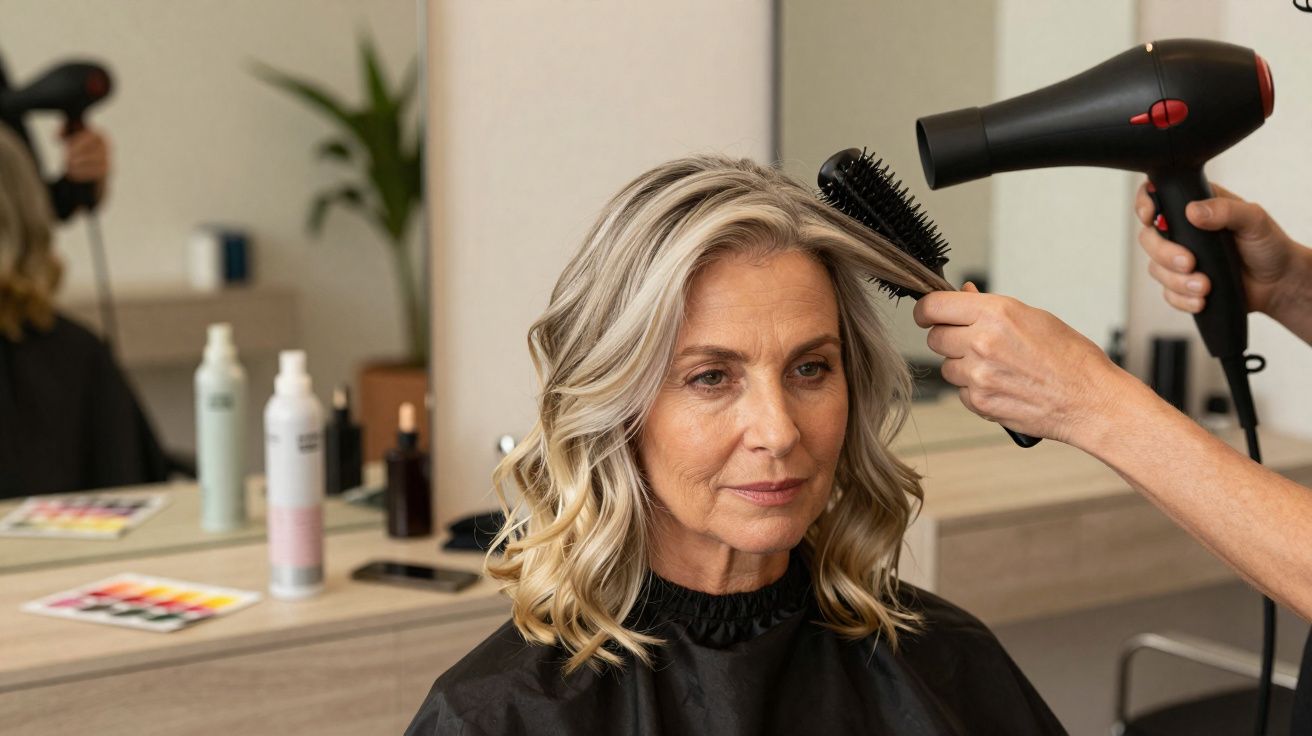 Kobieta z siwymi lokami suszona suszarką i szczotką w salonie fryzjerskim.