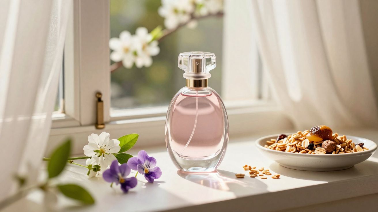 Flakonik perfum na parapecie obok kwiatów i miski z orzechami przy oknie w słoneczny dzień.