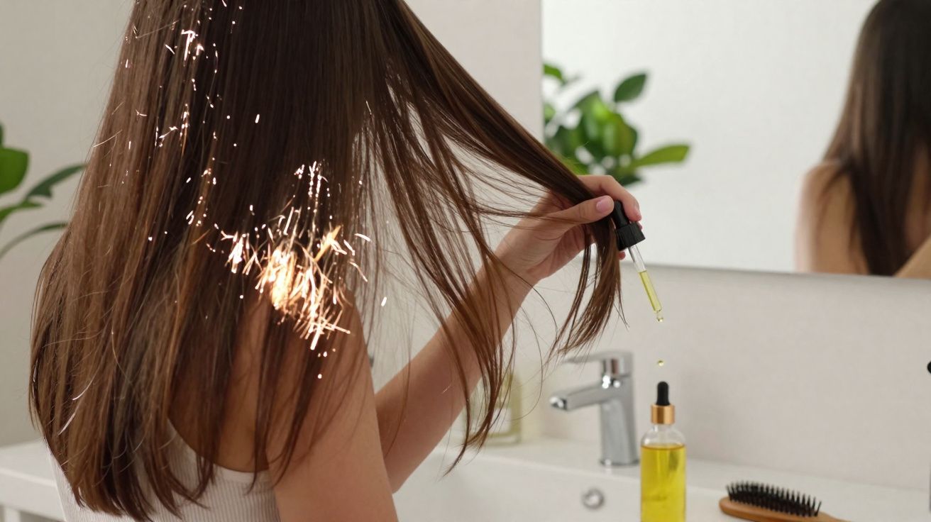 Kobieta aplikująca olejek do włosów z pipety stojąc przy lustrze w łazience.