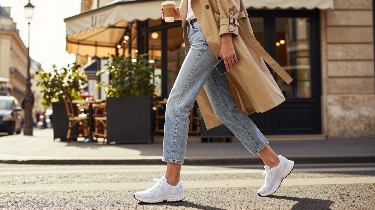 Kobieta w płaszczu i dżinsach przechodzi przez ulicę z kawą i telefonem w ręku.