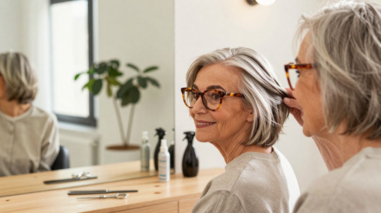 Starsza kobieta w okularach przegląda się z uśmiechem w lustrze w salonie fryzjerskim.