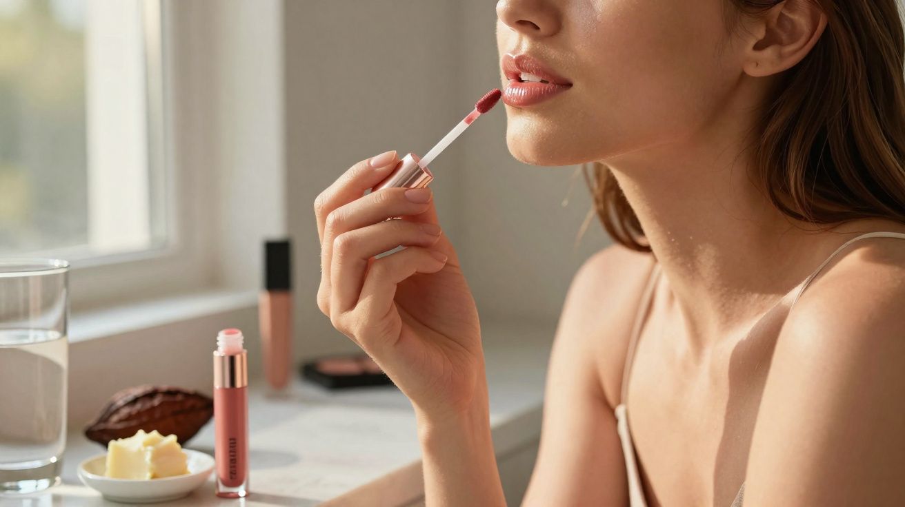 Kobieta nakłada różowy błyszczyk na usta przy oknie z kosmetykami i szklanką wody na tle.