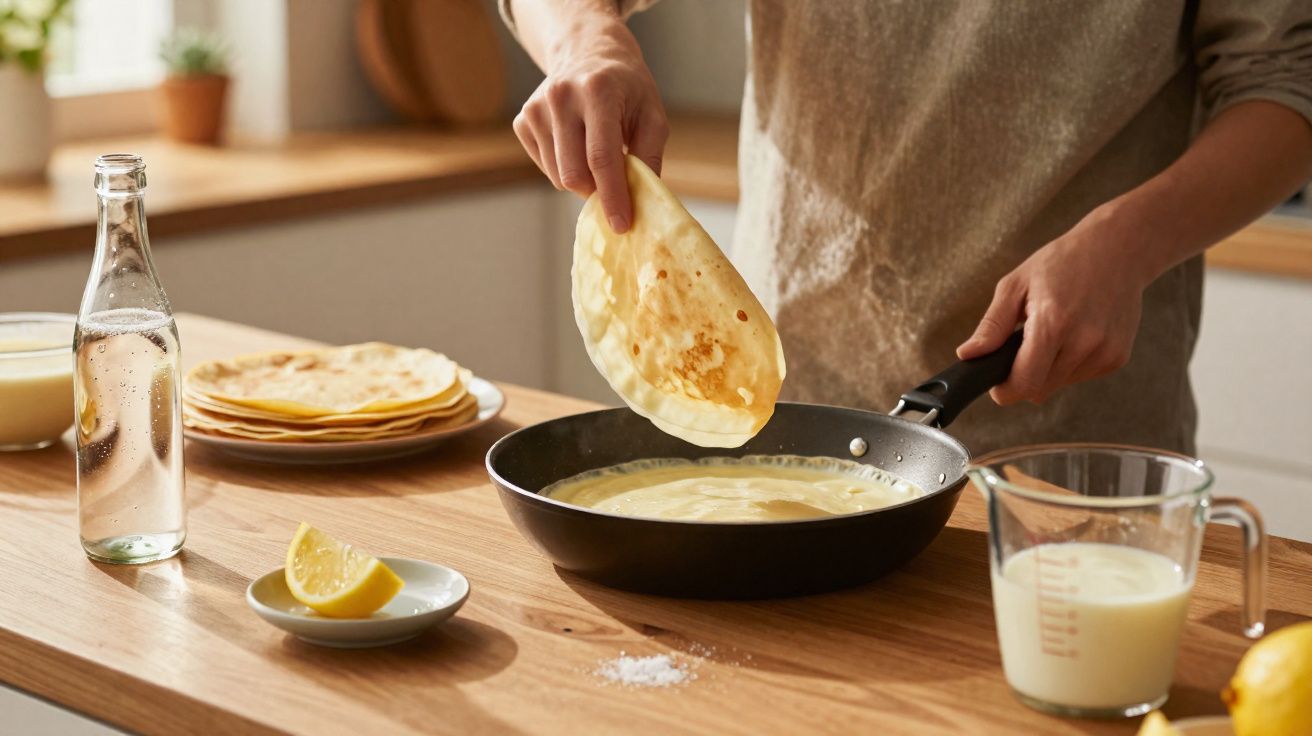 Osoba smaży naleśniki na patelni w kuchni, obok stoi dzbanek z mlekiem i plasterki cytryny.
