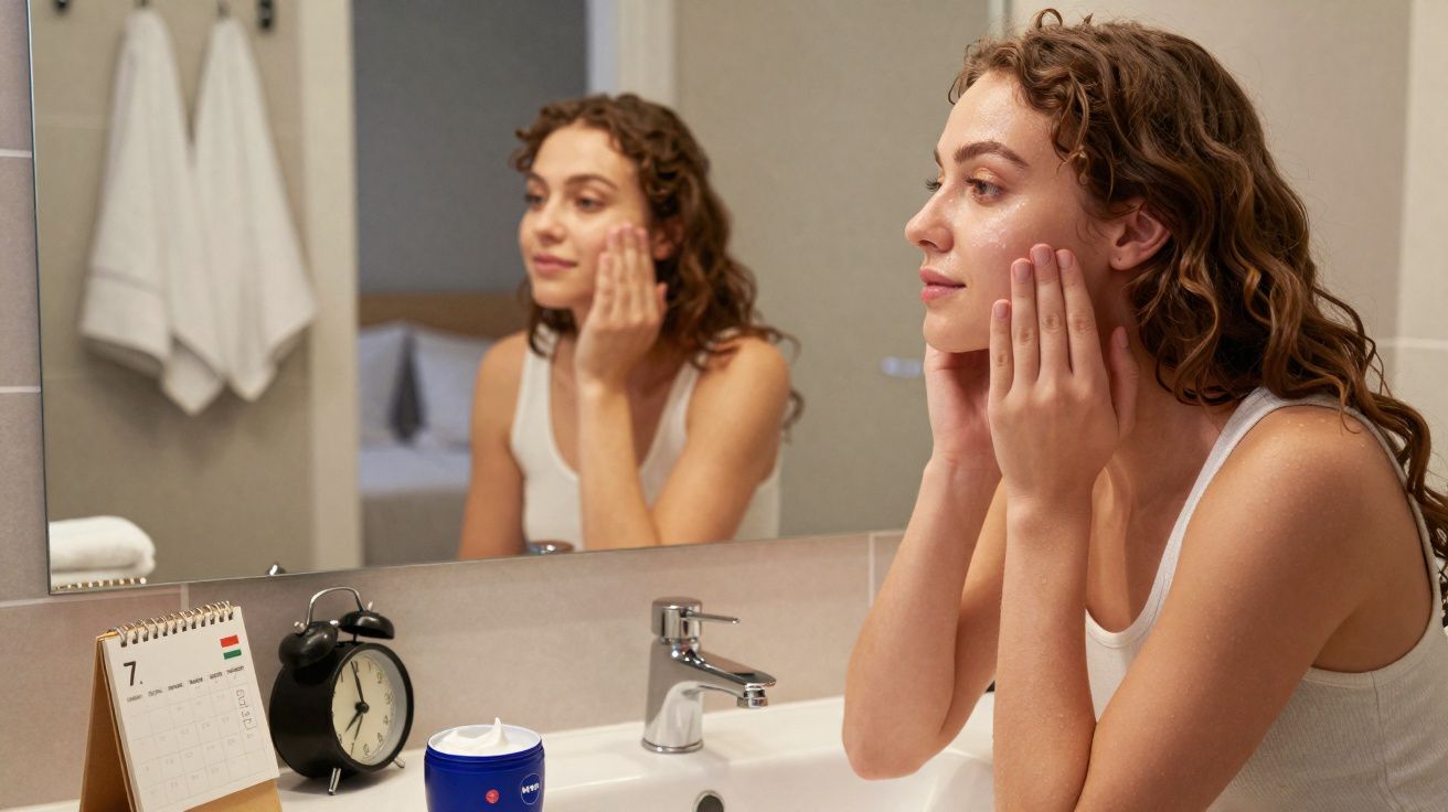 Kobieta nakłada krem na twarz przed lustrem w łazience, na umywalce stoi krem, zegar i kalendarz.