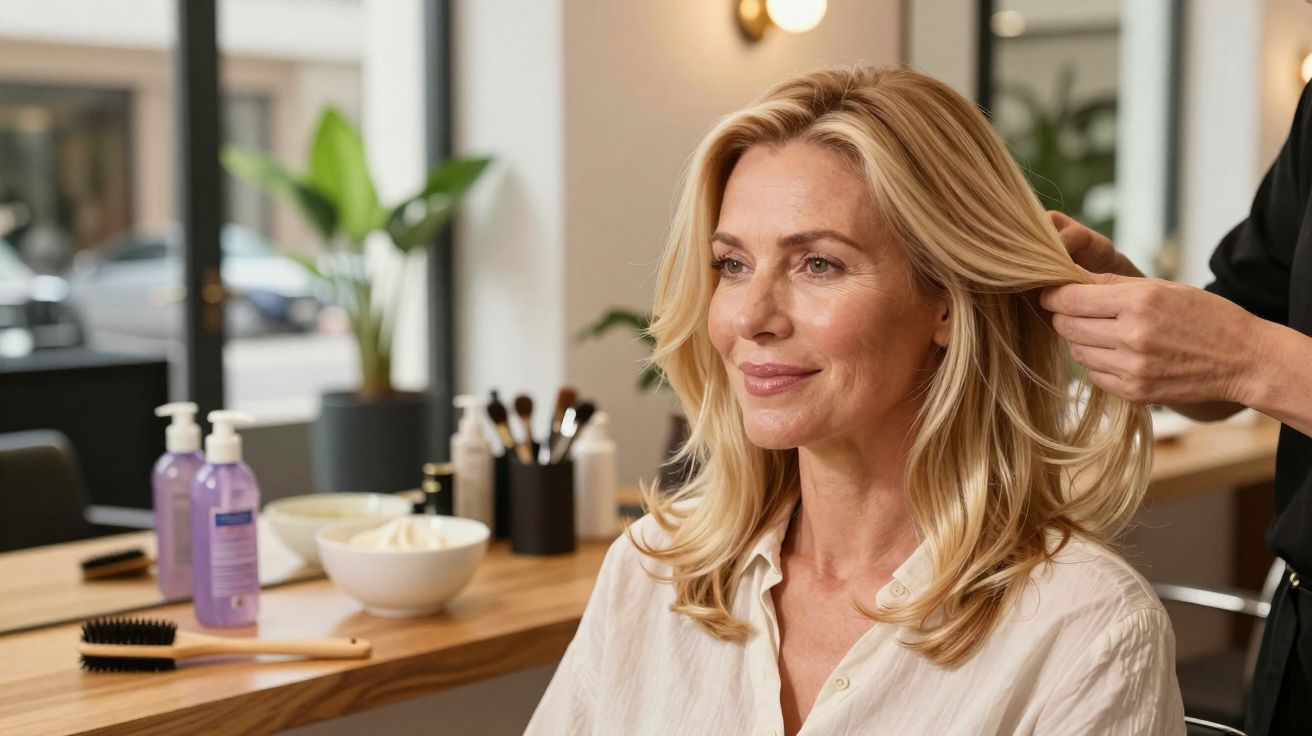 Kobieta o blond włosach podczas stylizacji włosów w salonie fryzjerskim.