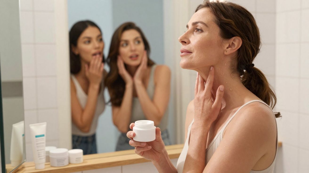 Kobieta nakłada krem na twarz przed lustrem, w odbiciu dwie zaskoczone kobiety obserwują ją.