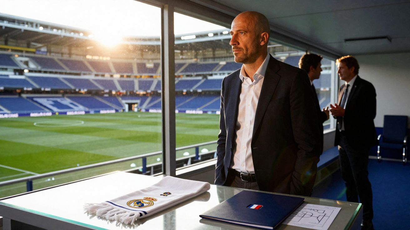 Mężczyzna w garniturze stoi w loży stadionu z widokiem na boisko, za nim dwie rozmawiające osoby.