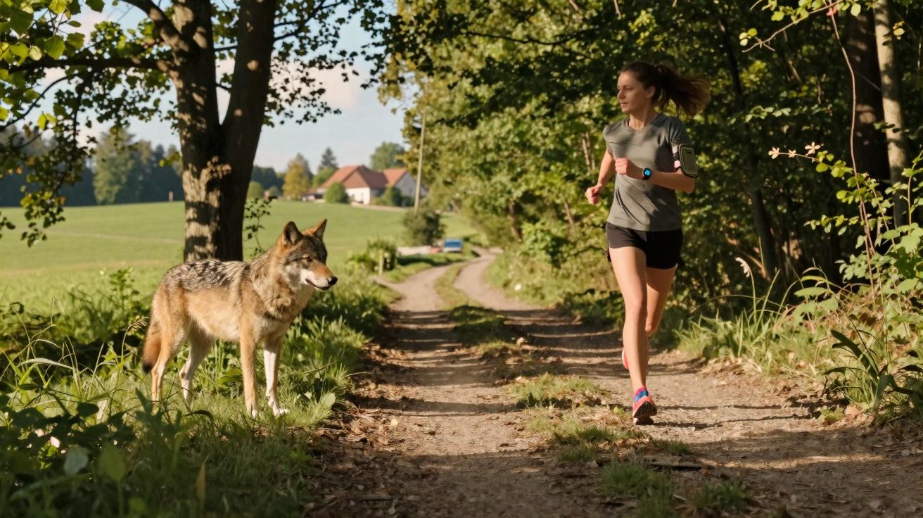 Kobieta biegnąca leśną ścieżką obok wilka stojącego wśród zieleni.