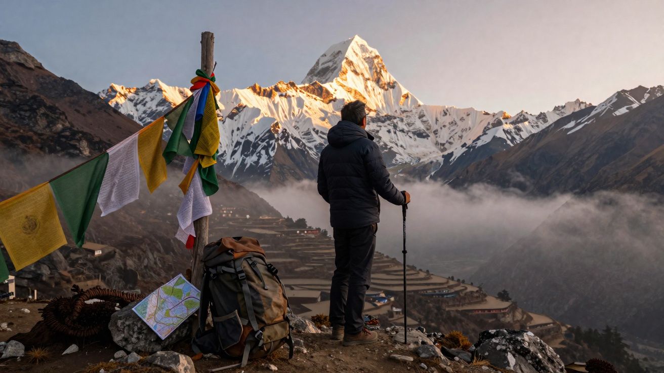 Turysta podziwiający ośnieżony szczyt góry o zachodzie słońca z flagami modlitewnymi i plecakiem.