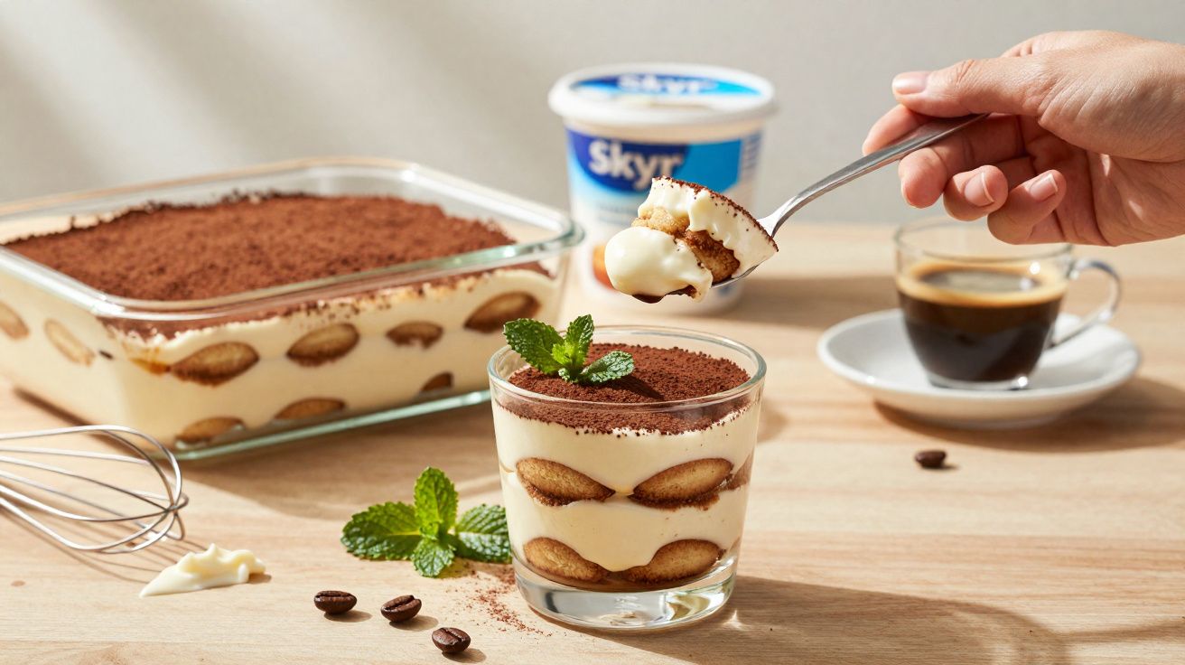 Deser tiramisu w szklance z miętą, łyżka z deserem, filiżanka kawy i opakowanie jogurtu Skyr na stole.