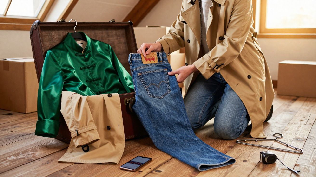 Osoba pakująca dżinsy do walizki na drewnianej podłodze, obok zielona koszula i beżowy płaszcz.