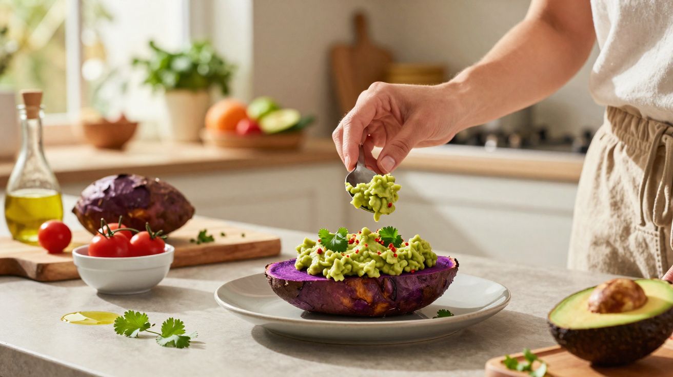 Nakładanie guacamole na połówkę pieczonego batata na jasnej kuchennej blacie.