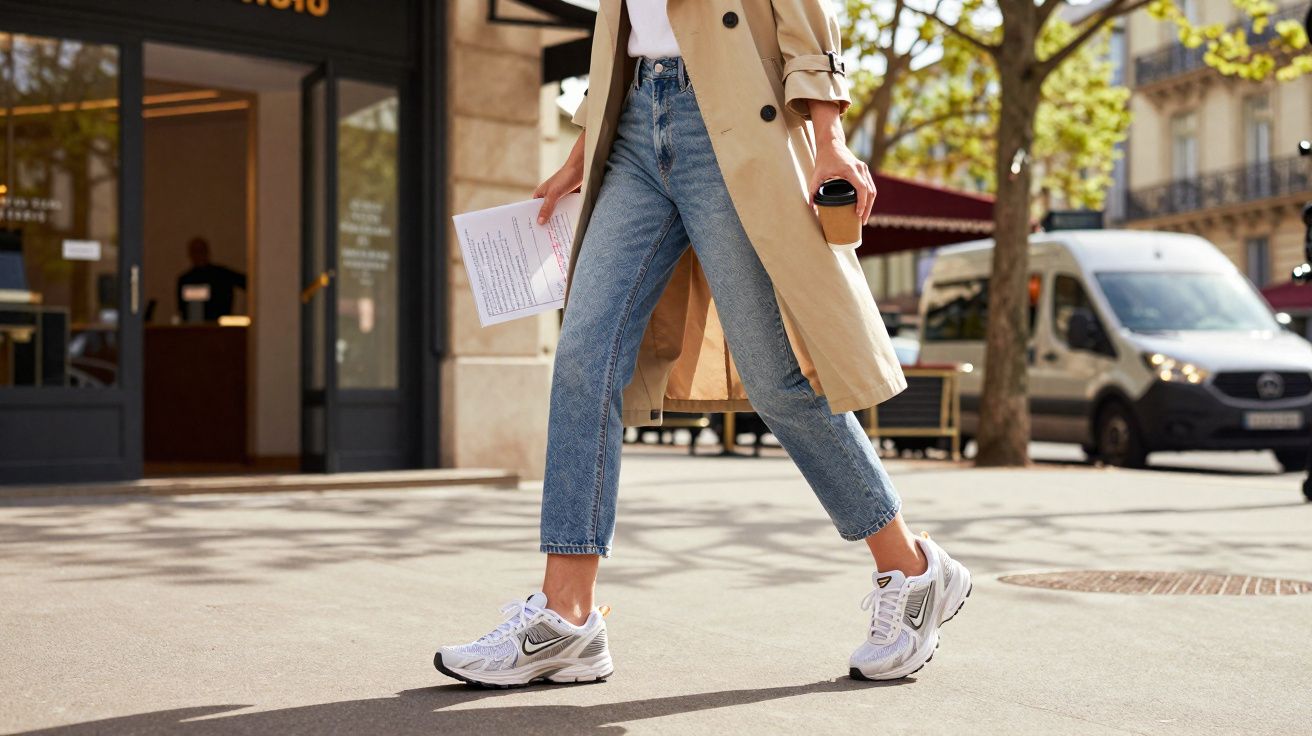 Kobieta w białych butach i kremowym trenczu idzie ulicą z kawą na wynos i dokumentami w ręku.