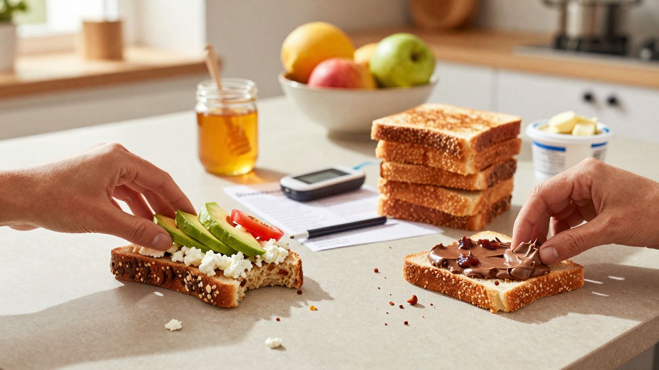 Dwie dłonie przygotowujące kanapki z serem, awokado i czekoladą na jasnym blacie kuchennym.