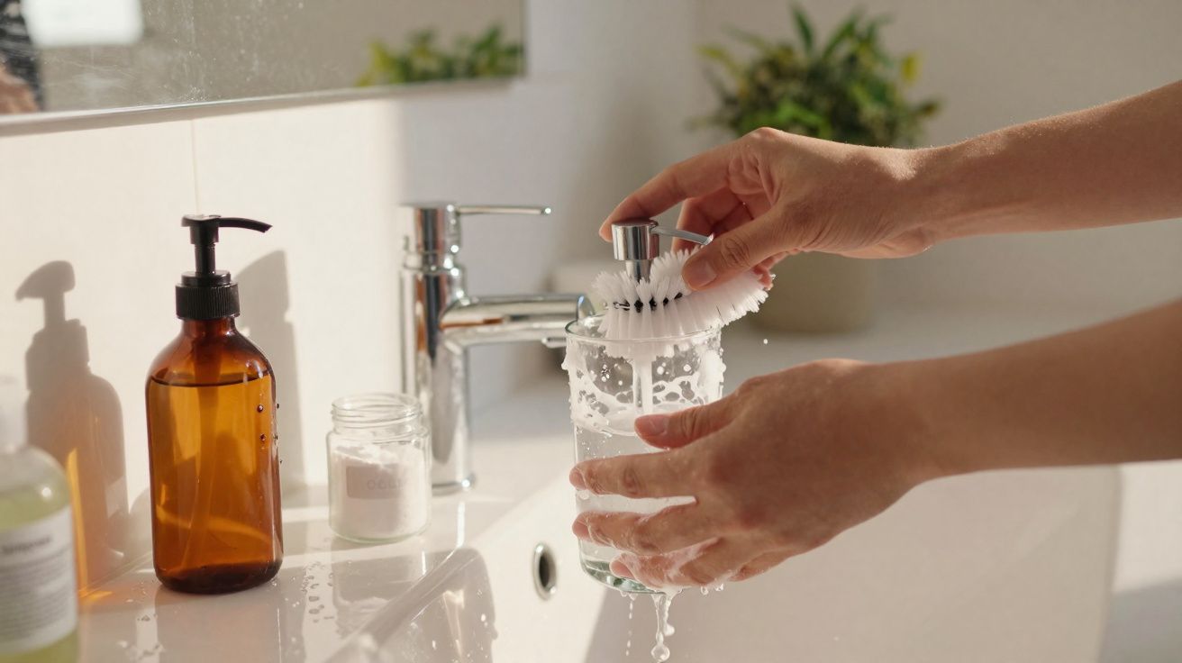 Osoba myje szczotką szklankę nad umywalką z płynem do mycia naczyń.