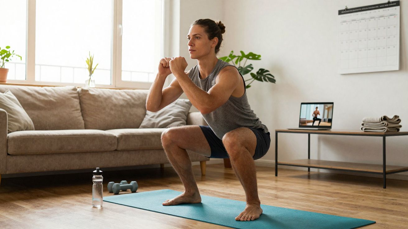 Mężczyzna ćwiczy przysiady na macie do ćwiczeń w salonie oglądając trening na laptopie.
