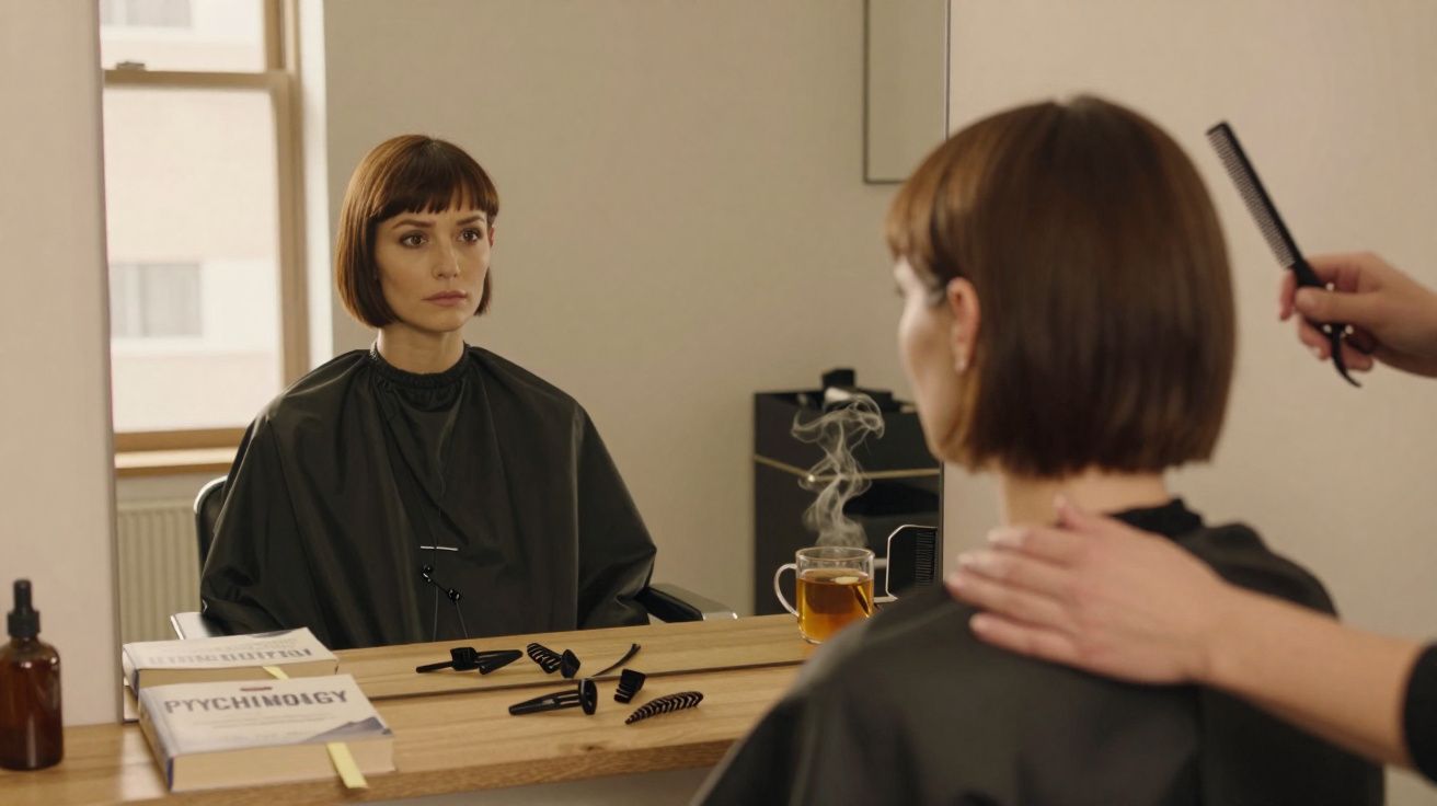 Kobieta z krótkimi brązowymi włosami siedzi przed lustrem w salonie fryzjerskim podczas strzyżenia.