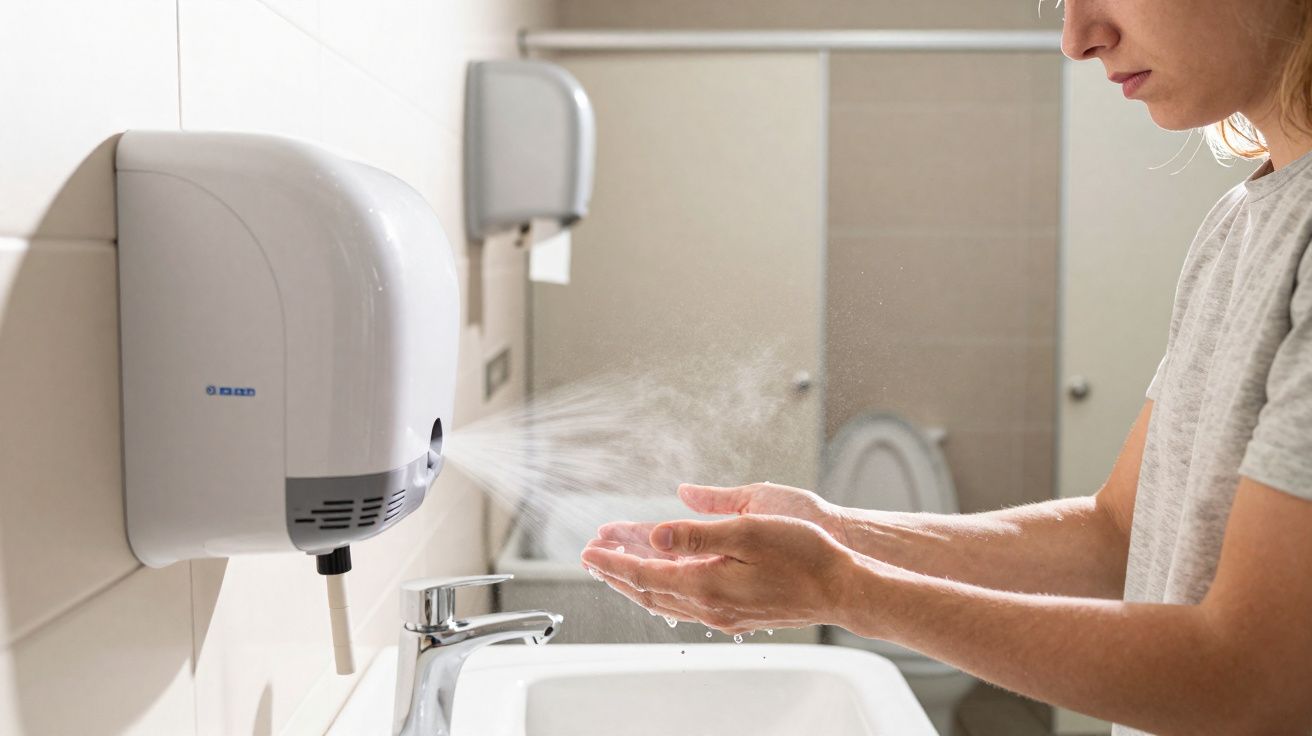 Osoba suszy ręce automatycznym suszarką do rąk w publicznej toalecie przy umywalce.