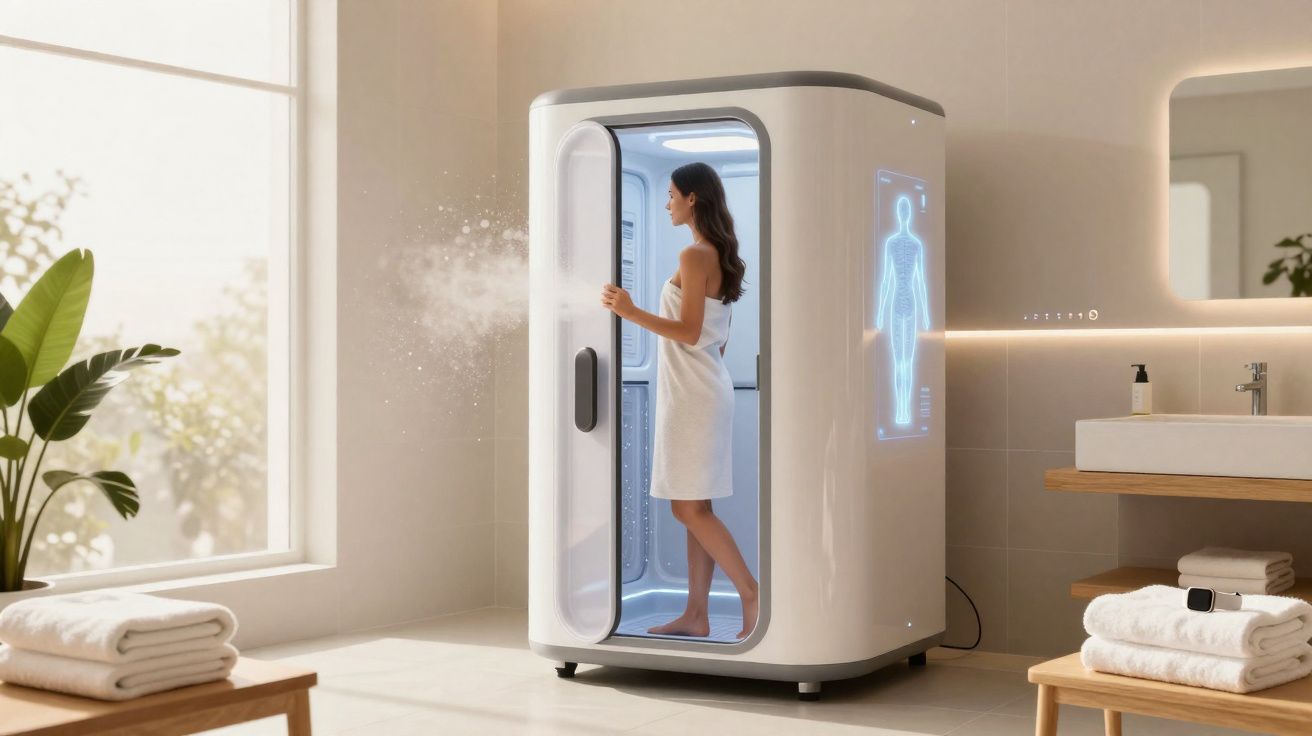 Kobieta w nowoczesnej kabinie do terapii światłem i parą w jasnej, przestronnej łazience.