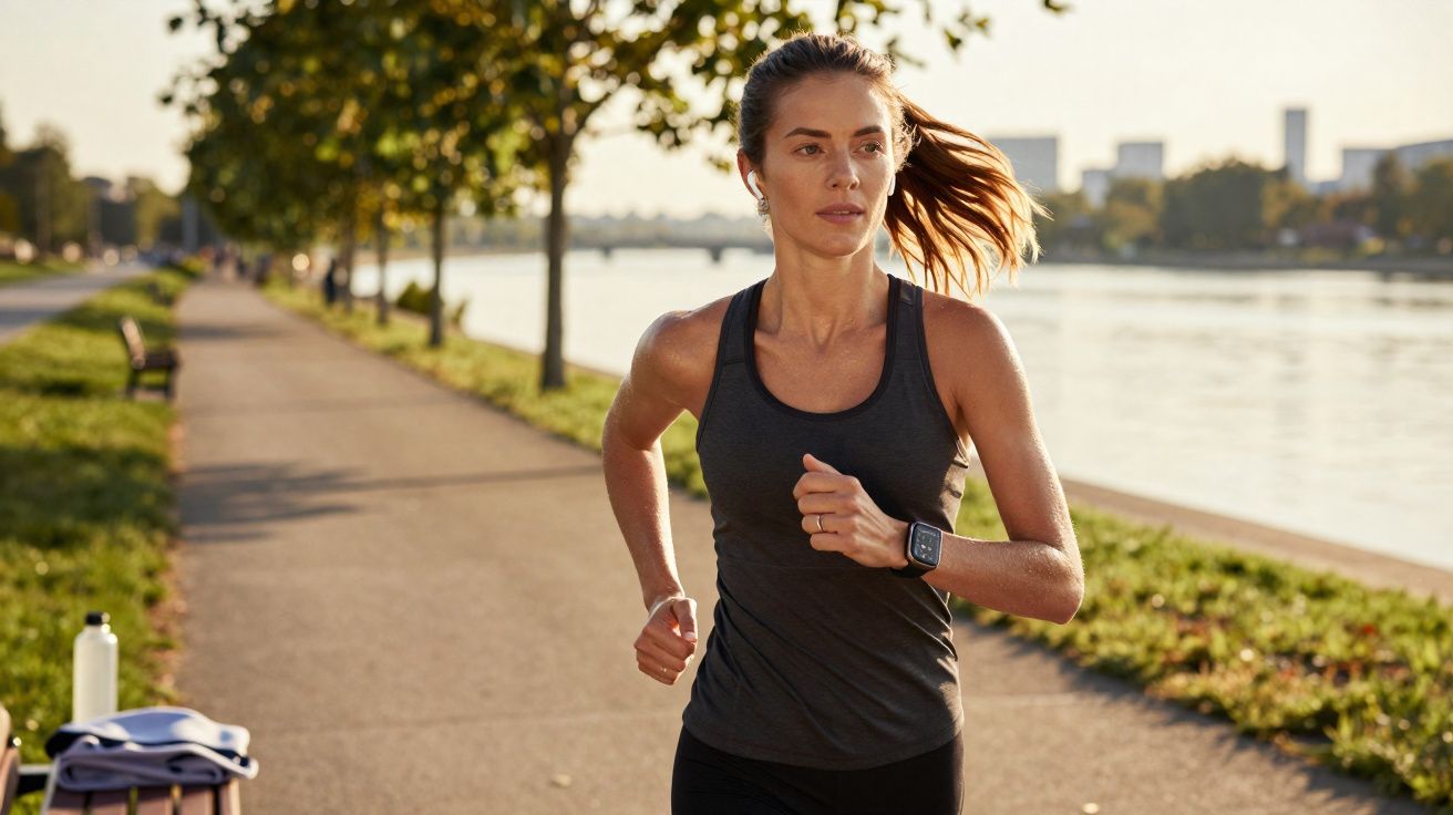 Kobieta w czarnym stroju biegająca po ścieżce w parku nad rzeką o zachodzie słońca.